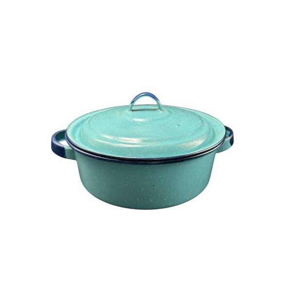 Round Shallow Saute Pot & Lid 10" Teal Cobalt Graniteware Enamelware Splatter - Picture 1 of 11